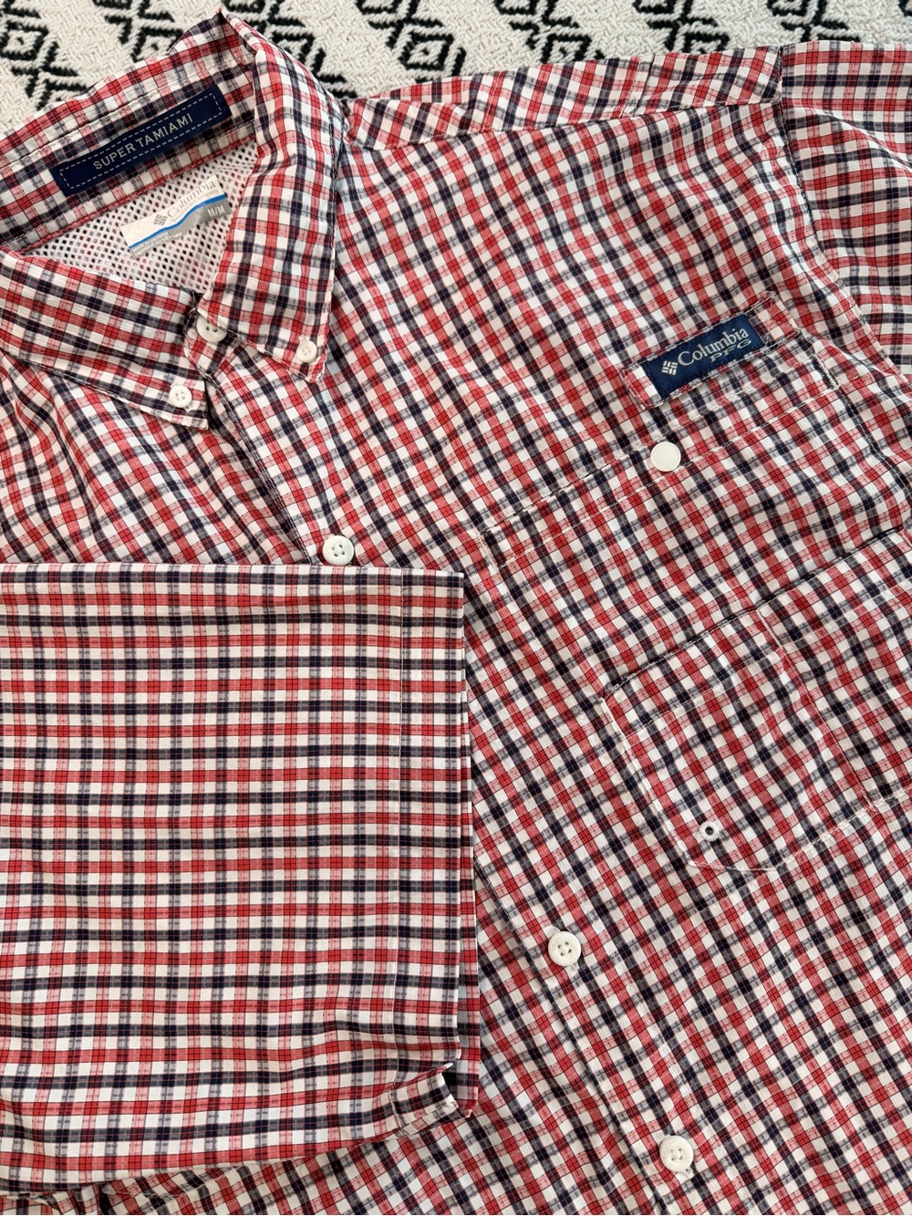 Columbia PFG Super Tamiami Short Sleeve Button Fishing Shirt Checkered Plaid M